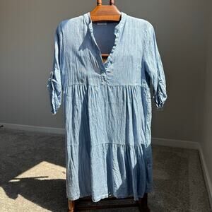 Italian 100% Linen Tiered Midi Dress Blue Boho Lagenlook Roll Tab Sleeve M
